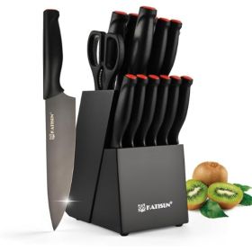 15-Piece Knife Set, High Carbon Stainless Steel Imported From Germany, Beveled Mercerized Blade, Black Titanium Stainless Steel Knives Block Set (Option: Black-15Pieces)